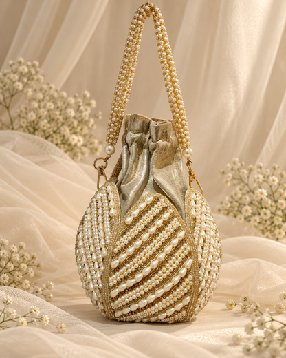 Exquisite Pearl & Gold Bridal Potli Bag (Big)