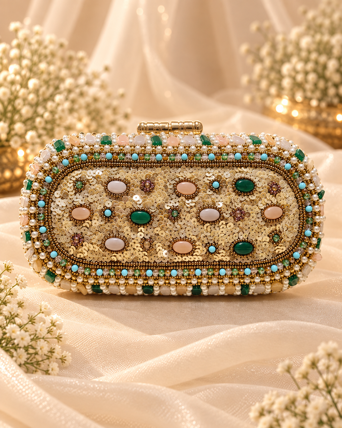 Emerald Elegance Beaded Clutch