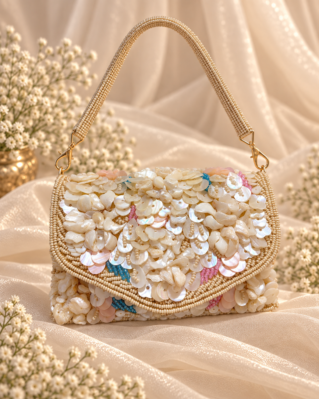 Champagne Pearl Beaded Statement Clutch (Mini)