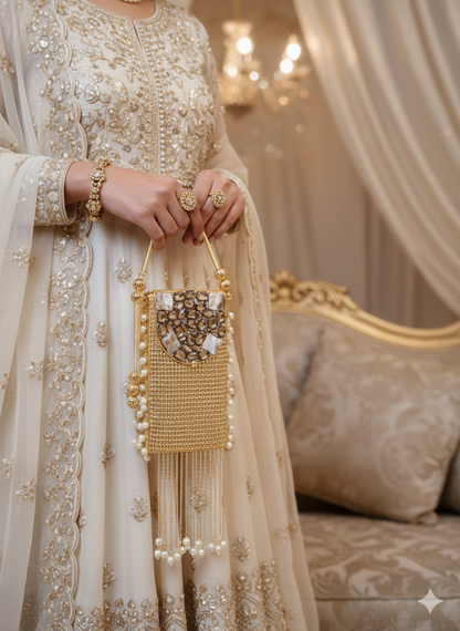 Golden Pearl Tassel Mobile Clutch