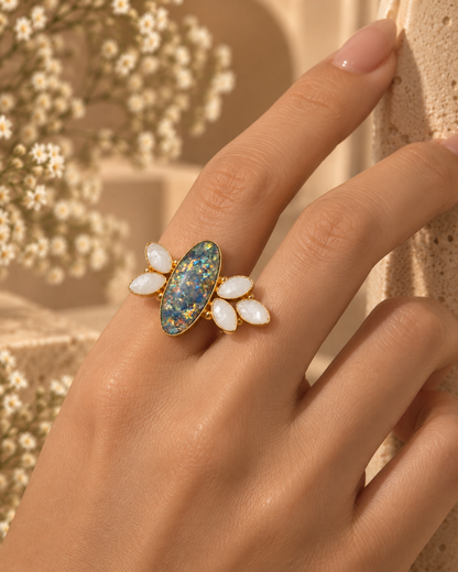Iridescent Opal and Pearl Ring
