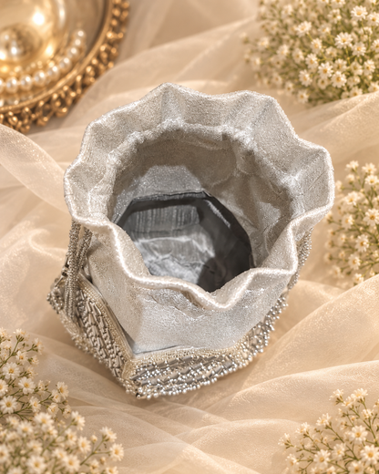 Elegant Silver Pearl Bridal Potli Bag (Big)