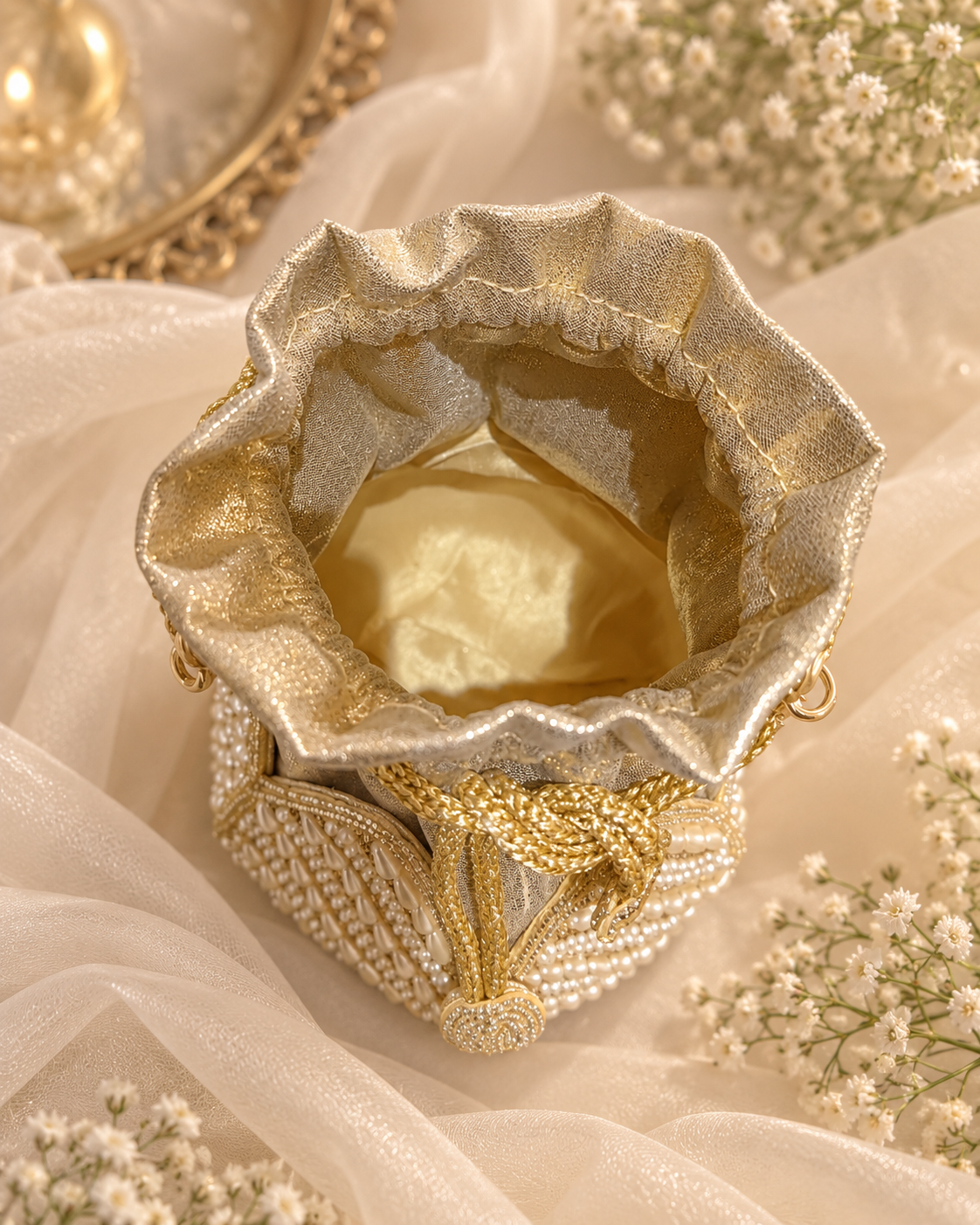 Exquisite Pearl & Gold Bridal Potli Bag (Big)