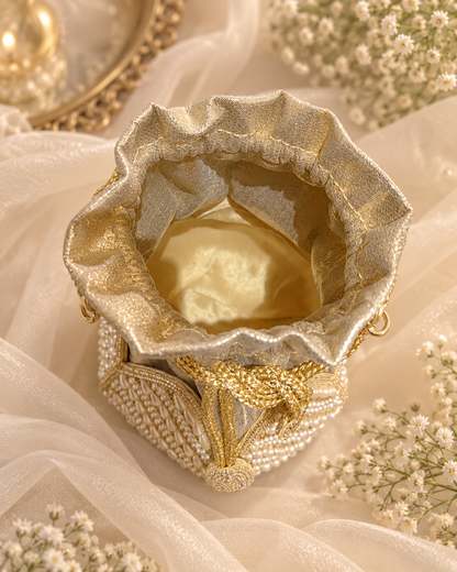 Exquisite Pearl & Gold Bridal Potli Bag (Big)