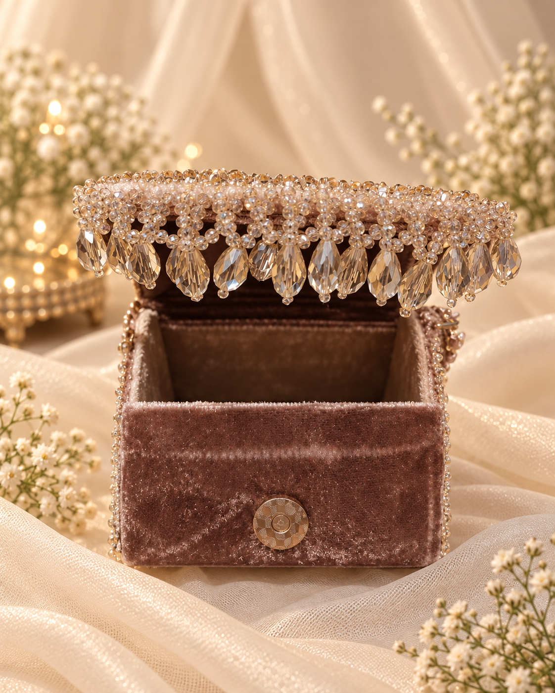 Mauve Sequin & Crystal Bridal Handbag – A Regal Touch of Elegance