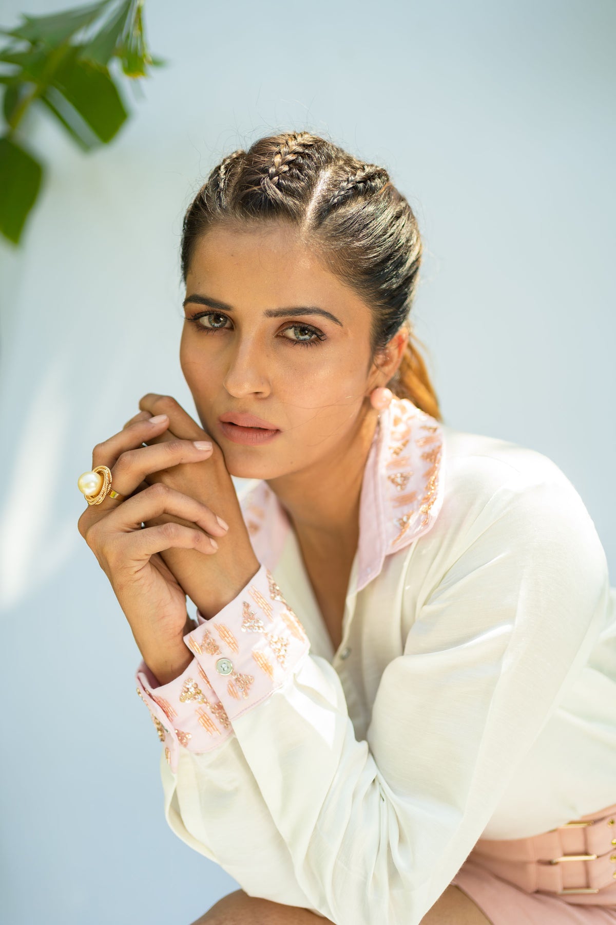 PINK CUFFS ON WHITE SHIRT