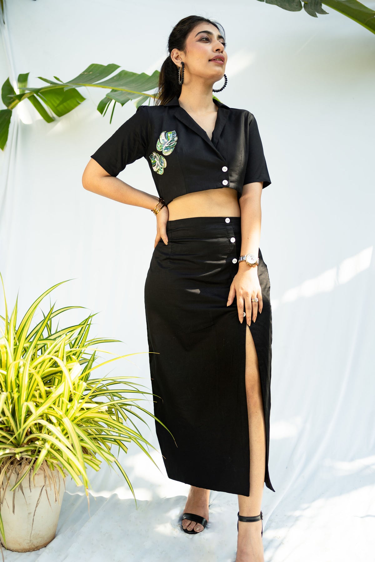 DUAL LEAF BLACK SKIRT SET