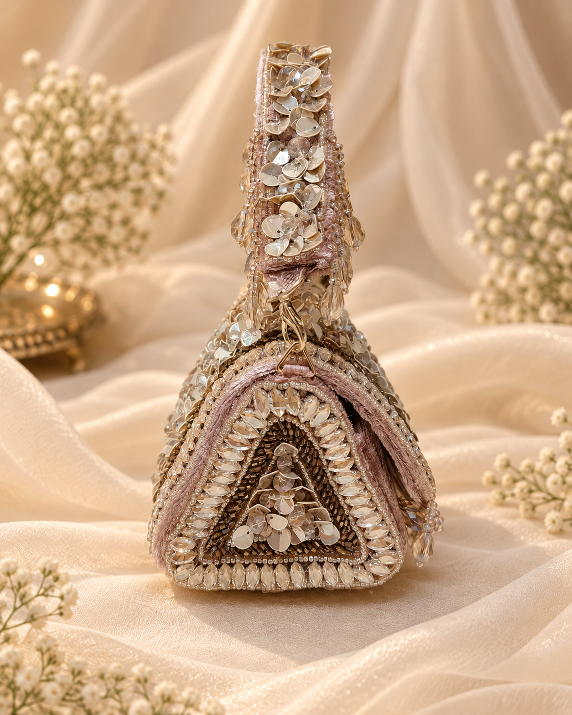 Mauve Sequin & Crystal Bridal Handbag – A Regal Touch of Elegance