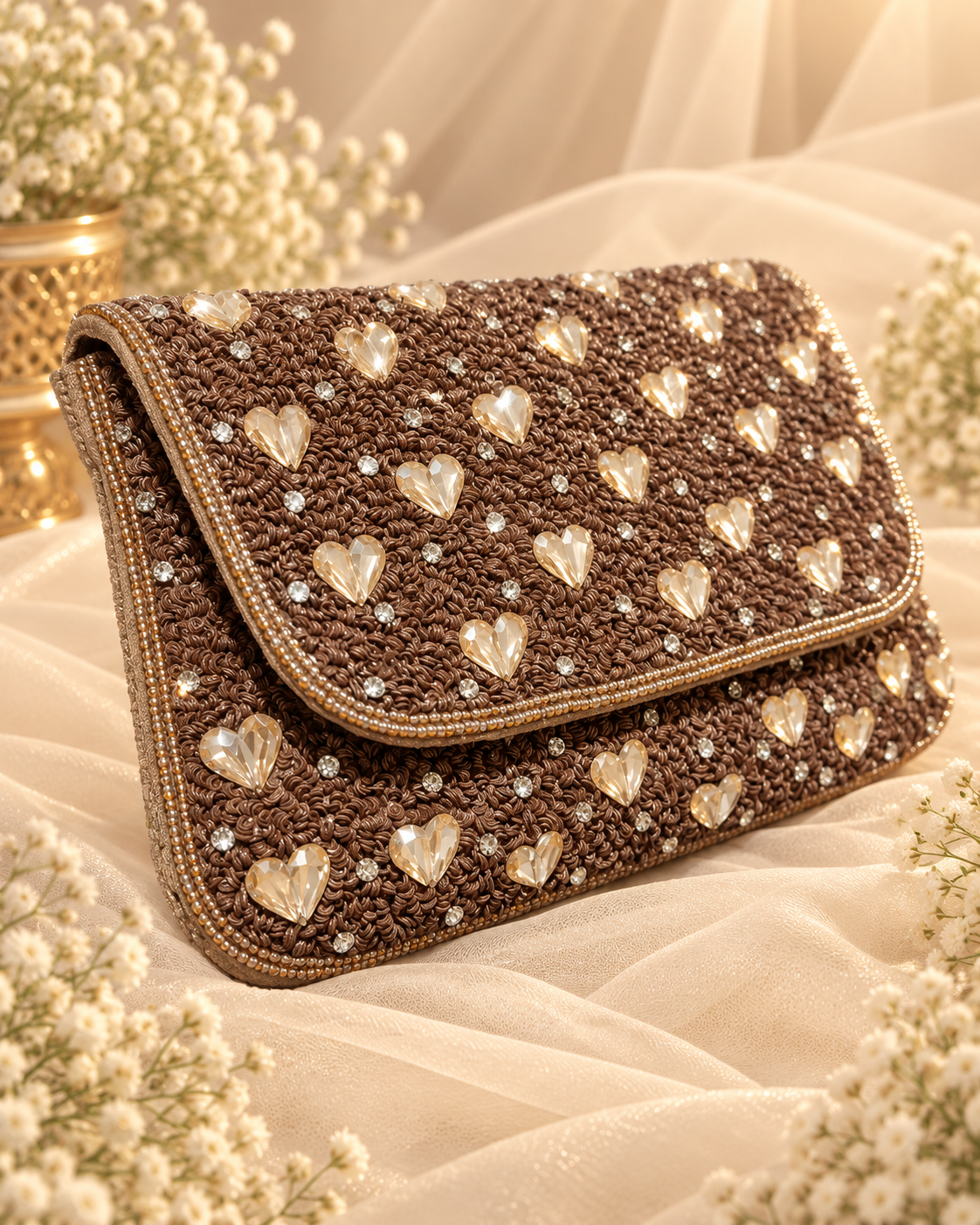 Royal Mocha Heart Embellished Bridal Clutch (Big)