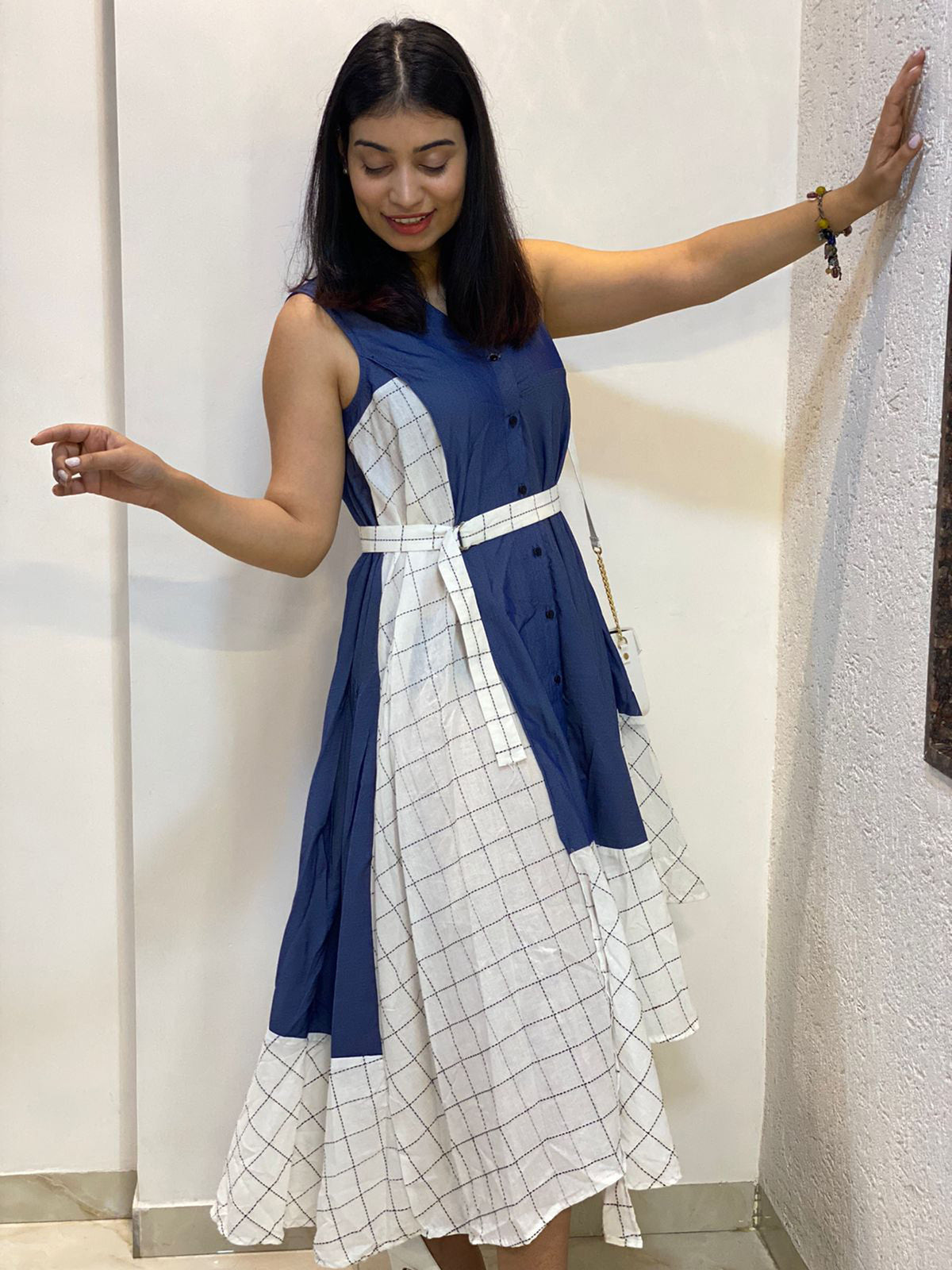 DENIM & DOTTED SQUARE DRESS