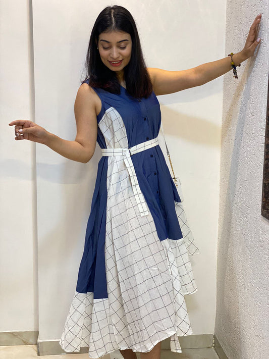 DENIM & DOTTED SQUARE DRESS