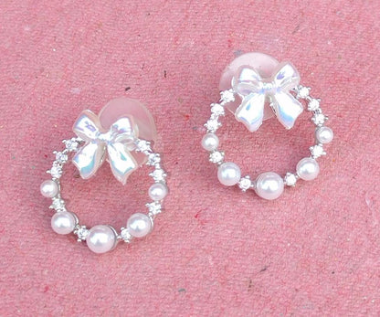 Silver Crystal & Pearl Bow Stud