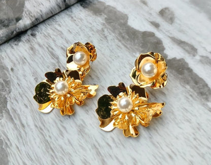 Layered Floral Pearl  Earrings