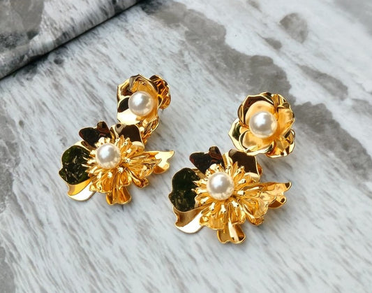 Layered Floral Pearl  Earrings