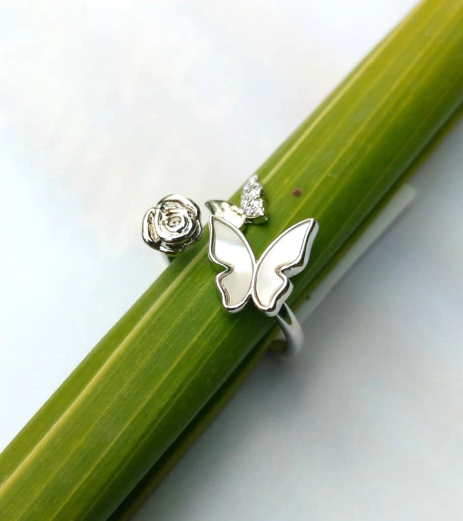 Butterfly & Rose Silver Ring