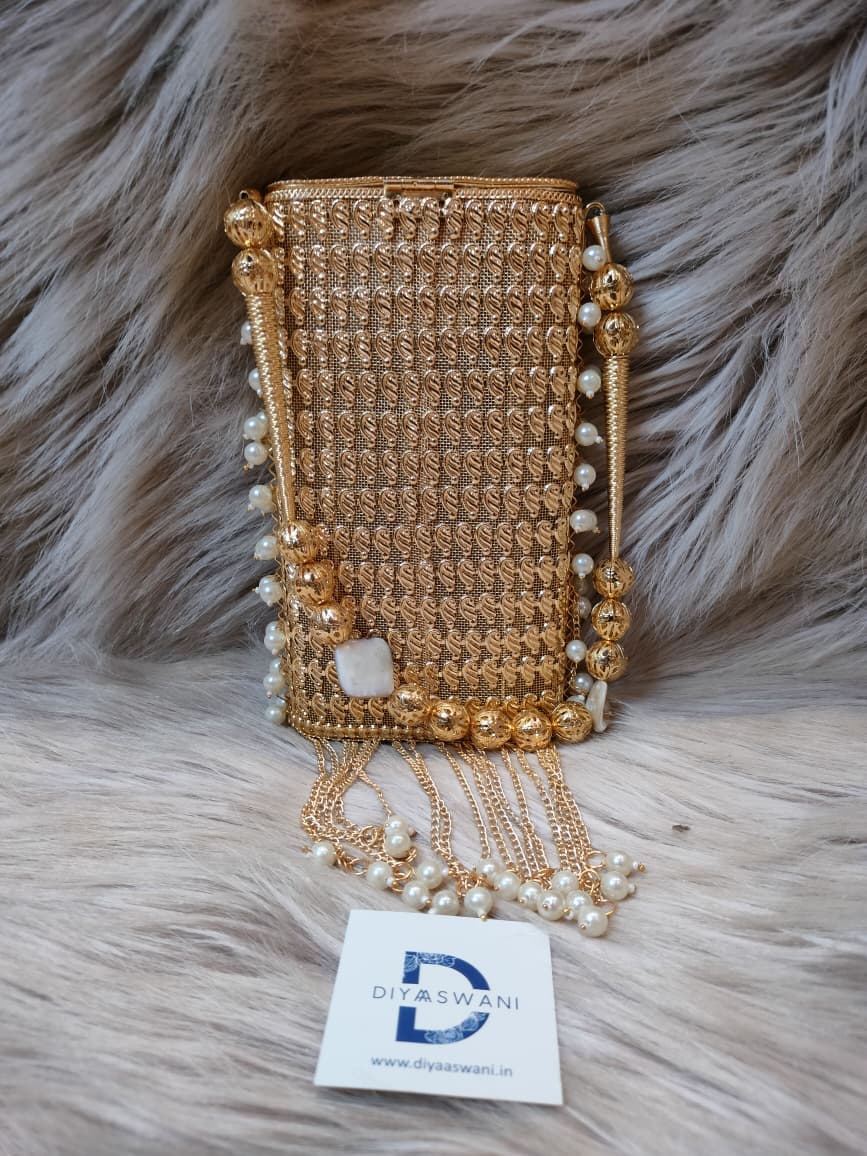 Golden Pearl Tassel Mobile Clutch