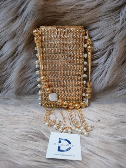 Golden Pearl Tassel Mobile Clutch