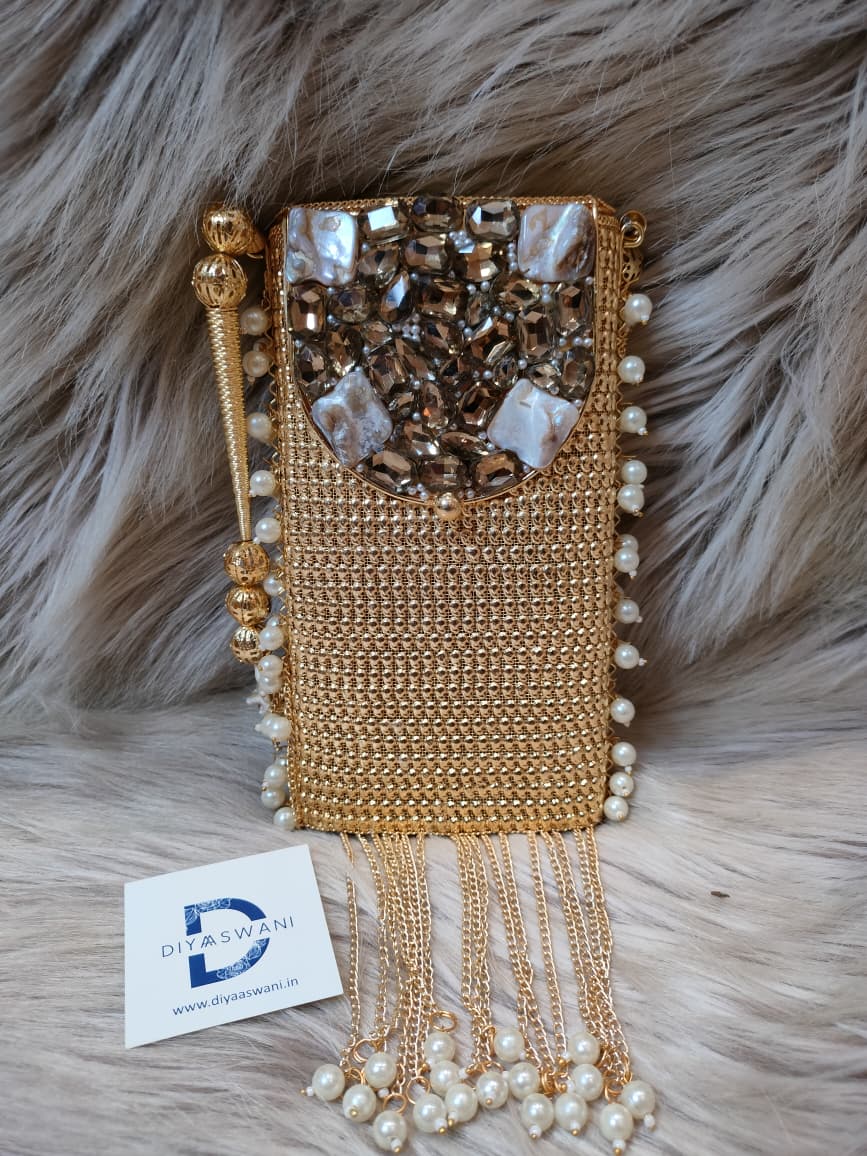 Golden Pearl Tassel Mobile Clutch