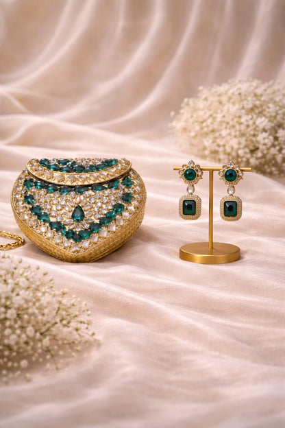Emerald Kundan Clutch & Drop Earrings Set