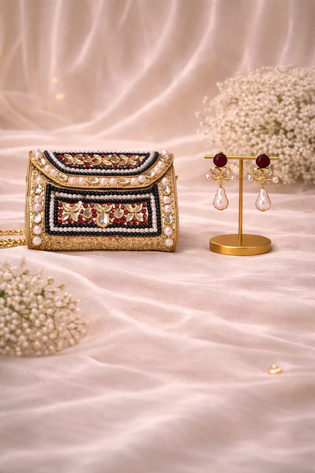 Classic Kundan Clutch & Pearl Drop Earrings Set