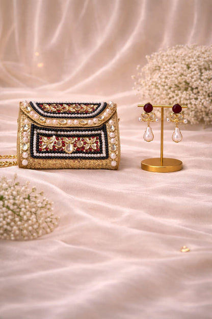 Classic Kundan Clutch & Pearl Drop Earrings Set