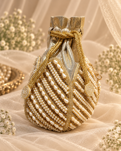 Exquisite Pearl & Gold Bridal Potli Bag (Big)