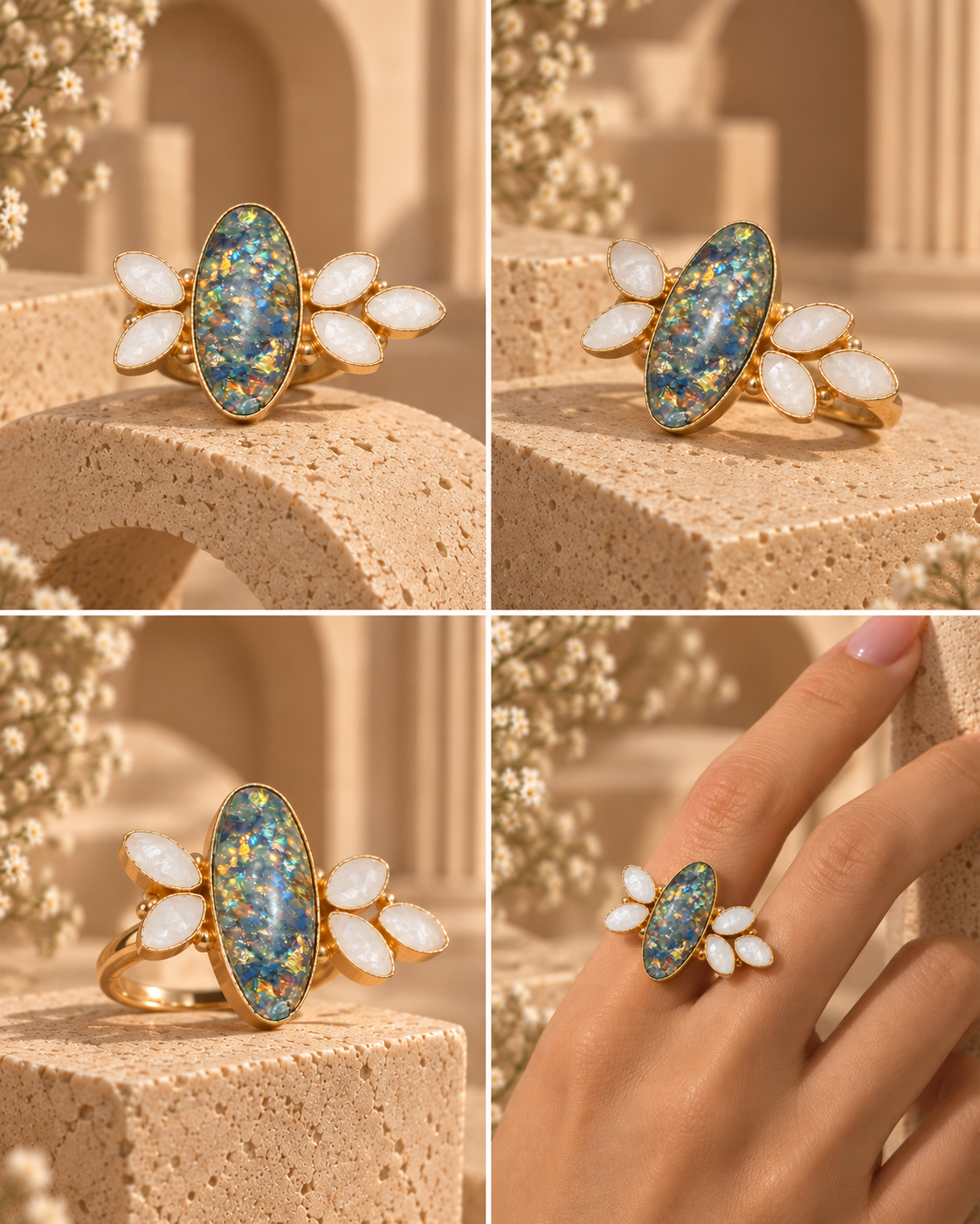 Iridescent Opal and Pearl Ring