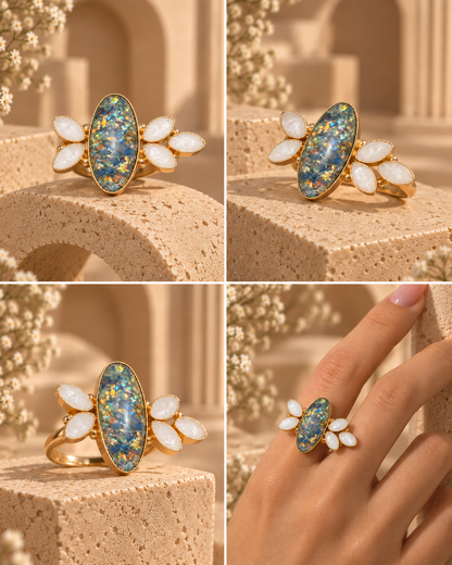 Iridescent Opal and Pearl Ring