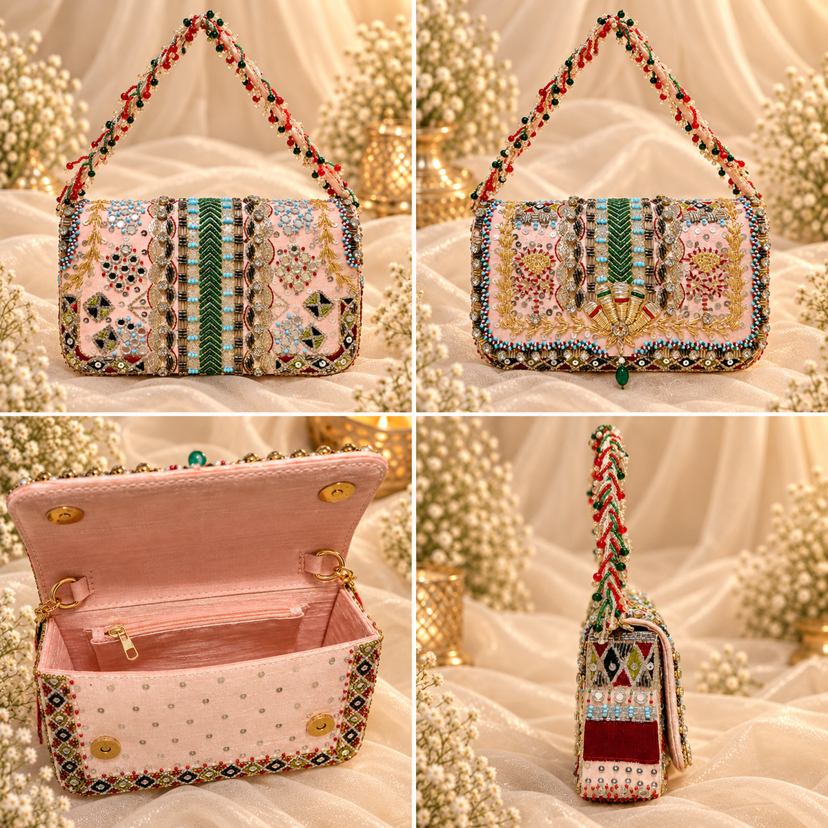 Pink & Green Embellished Bridal Clutch (Big)