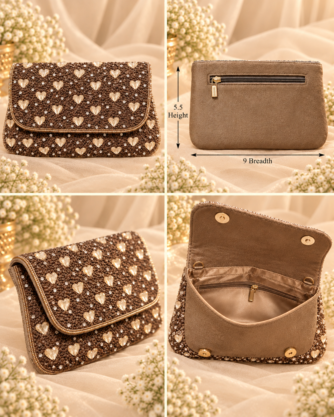 Royal Mocha Heart Embellished Bridal Clutch (Big)