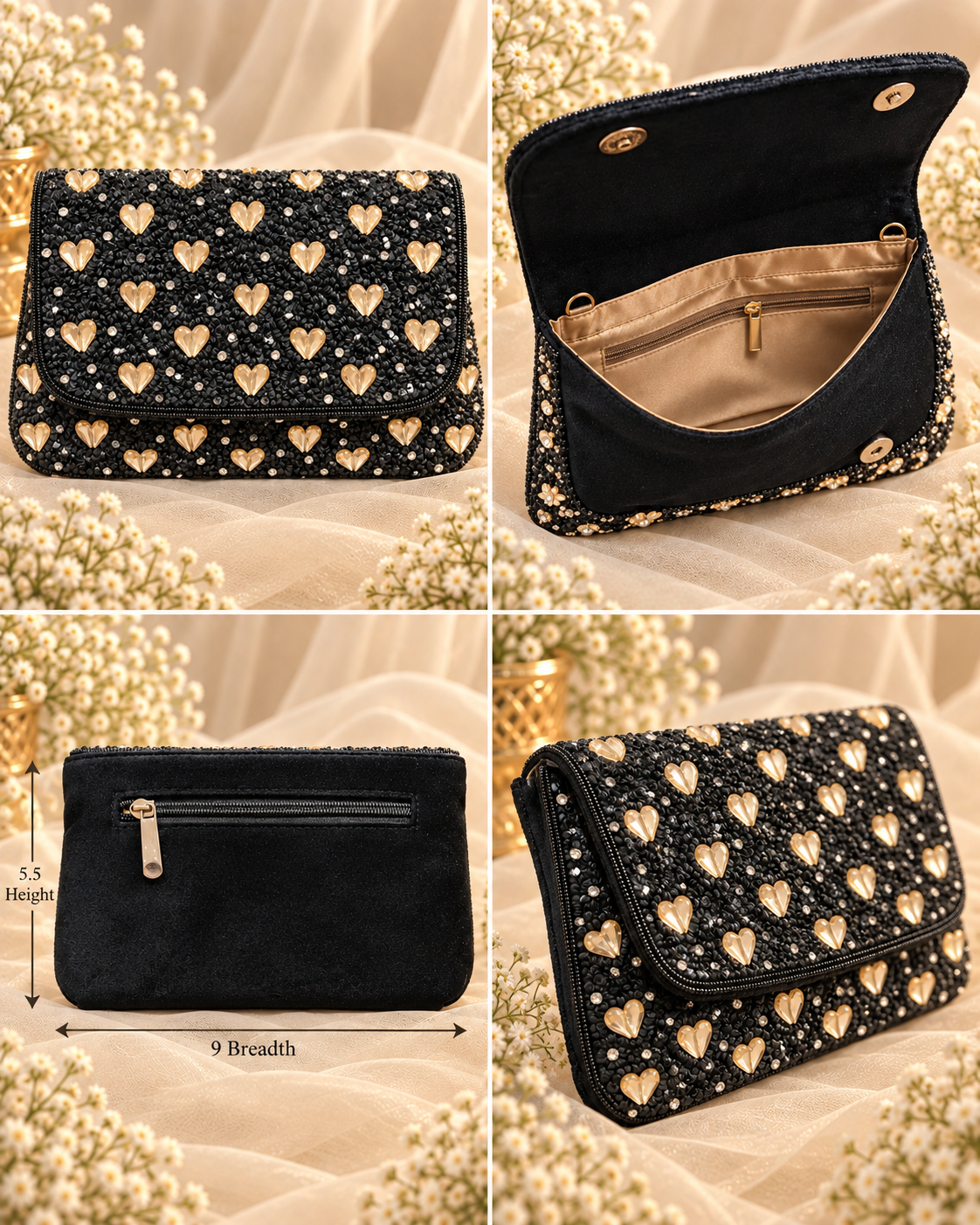 Black & Gold Heart Clutch (Big)