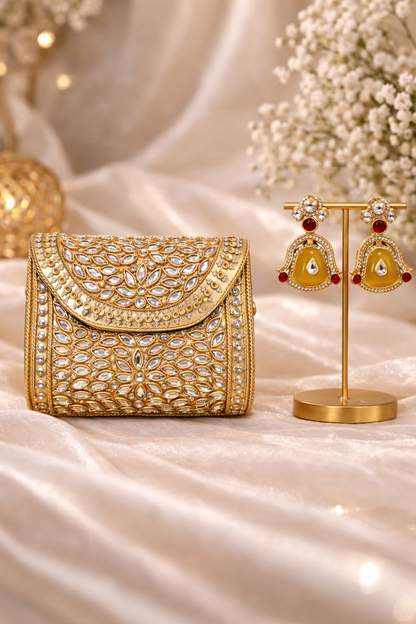 Golden Kundan Clutch & Amber Drop Earrings Set