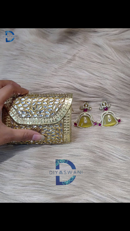 Golden Kundan Clutch & Amber Drop Earrings Set