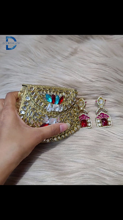 Regal Kundan Clutch & Ruby Statement Earrings Set