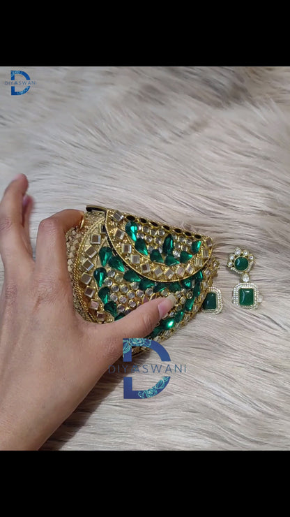 Emerald Kundan Clutch & Drop Earrings Set