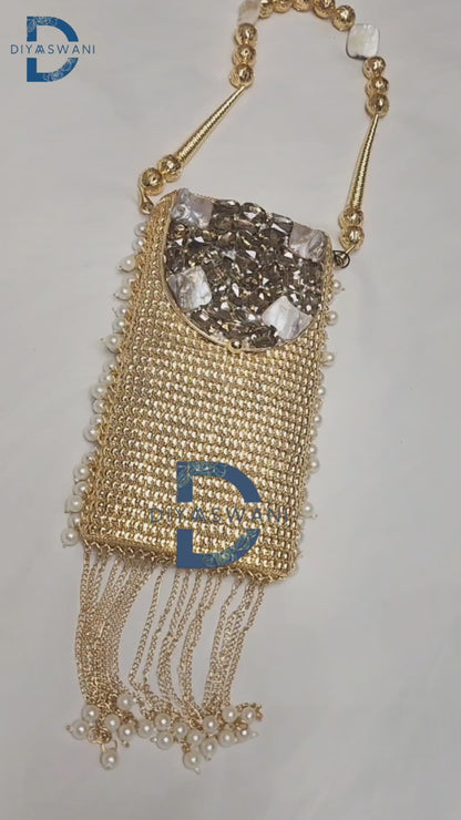 Golden Pearl Tassel Mobile Clutch