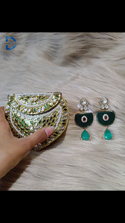 Emerald Kundan Clutch & Teardrop Earrings Set