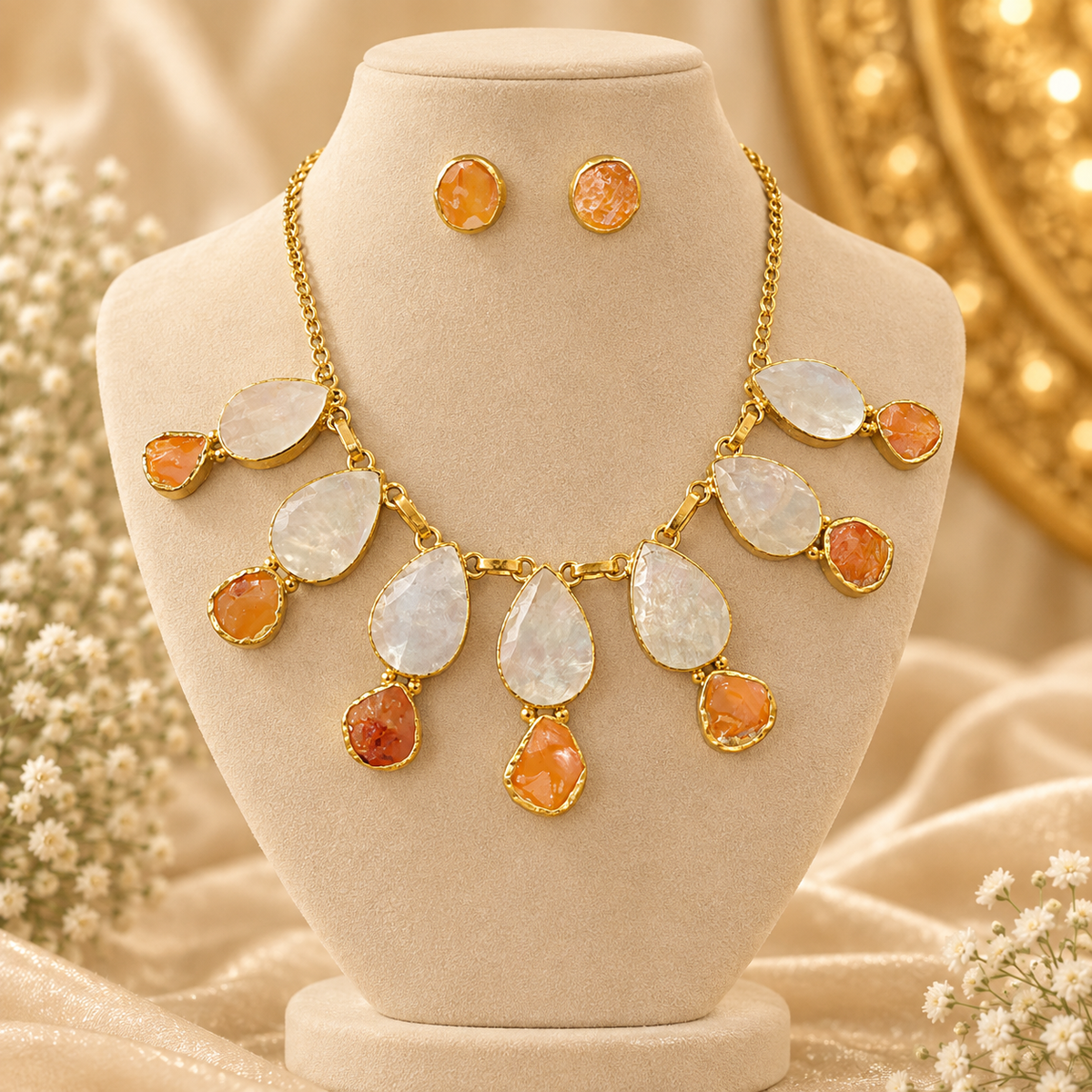 Coral Pearl Gold Necklace & Earrings