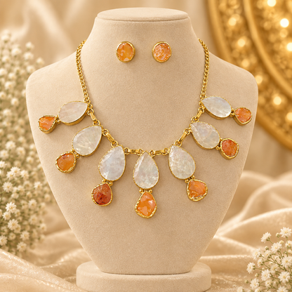 Coral Pearl Gold Necklace & Earrings