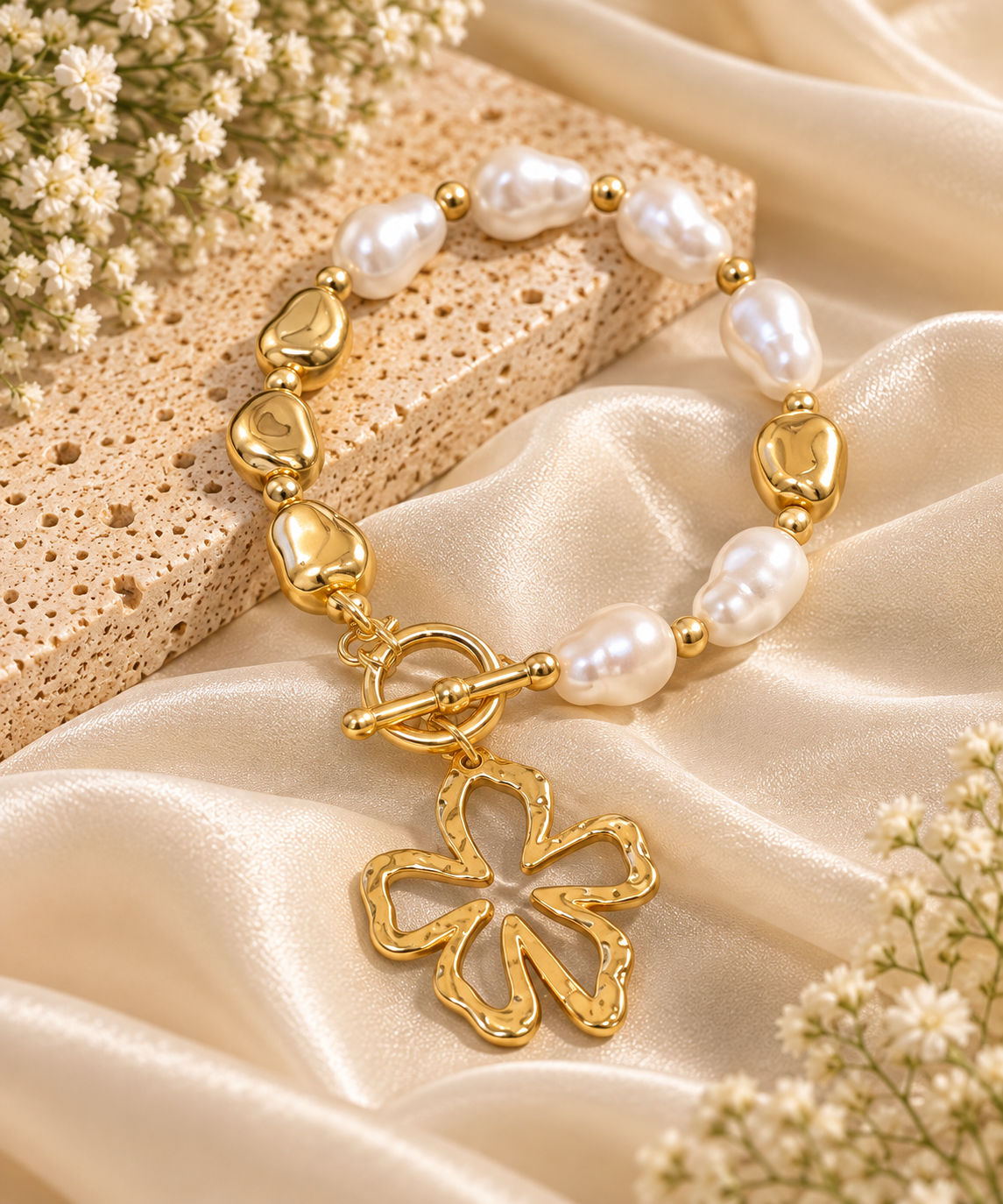 Pearl & Gold Floral Charm Bracelet