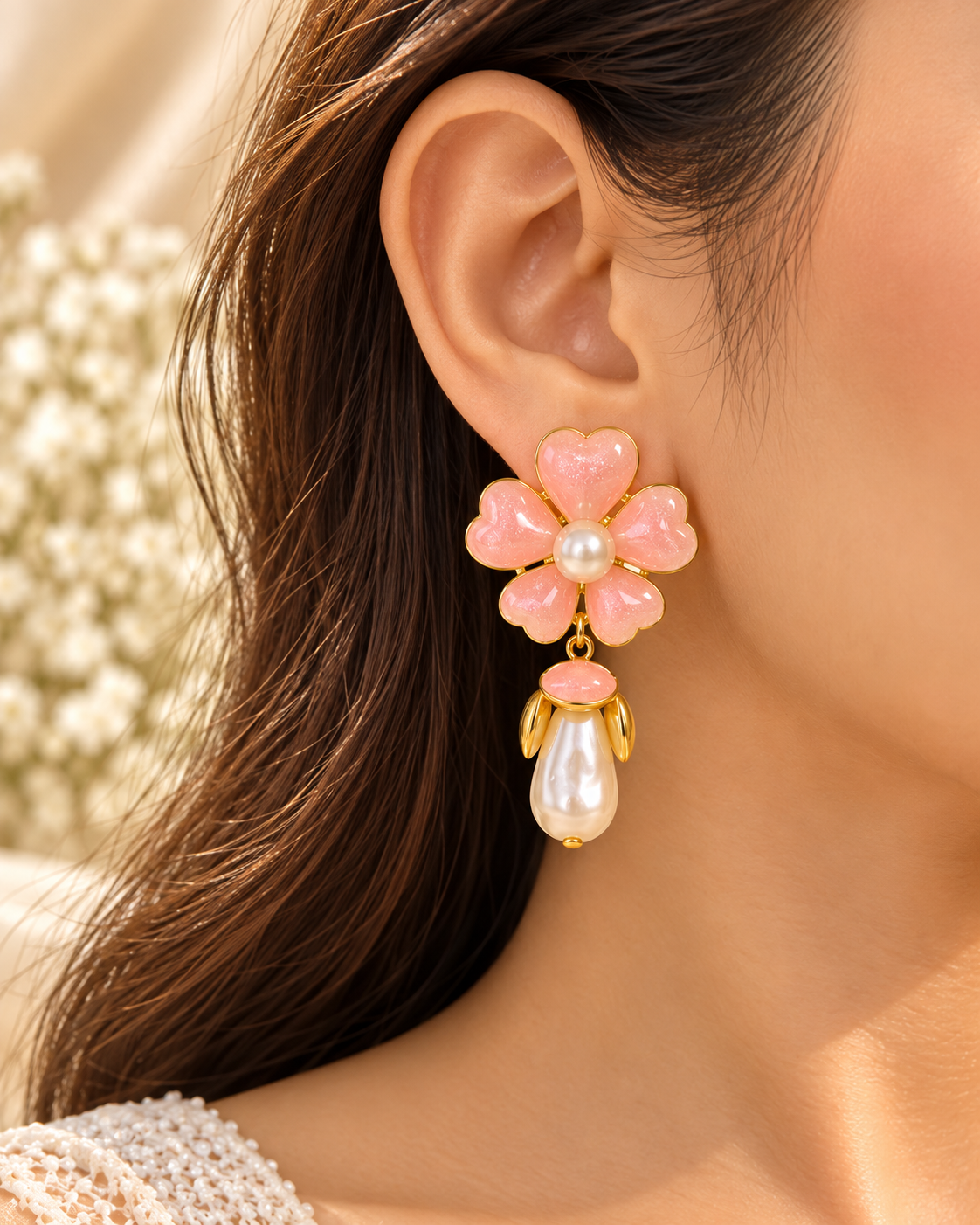 Pink Flower Pearl Drop Earrings