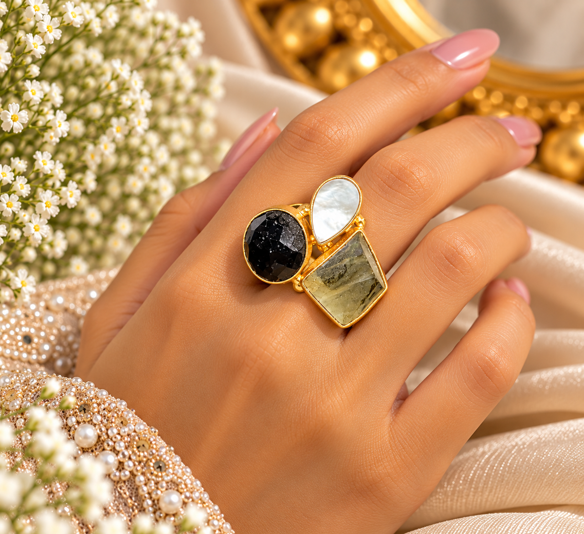 Tricolor Gemstone Statement Ring