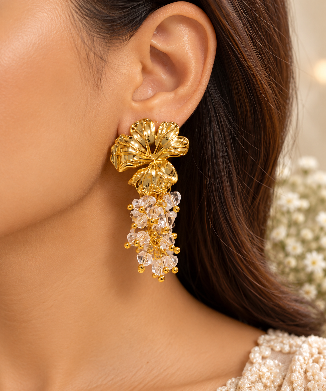 Gold Floral Crystal Tassel Earrings