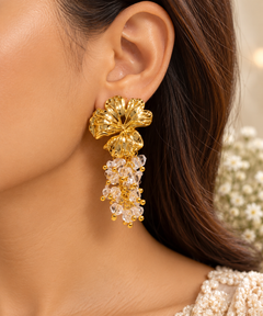 Gold Floral Crystal Tassel Earrings