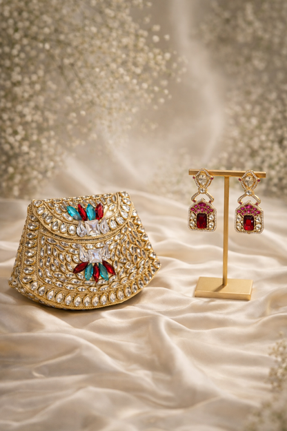 Regal Kundan Clutch & Ruby Statement Earrings Set