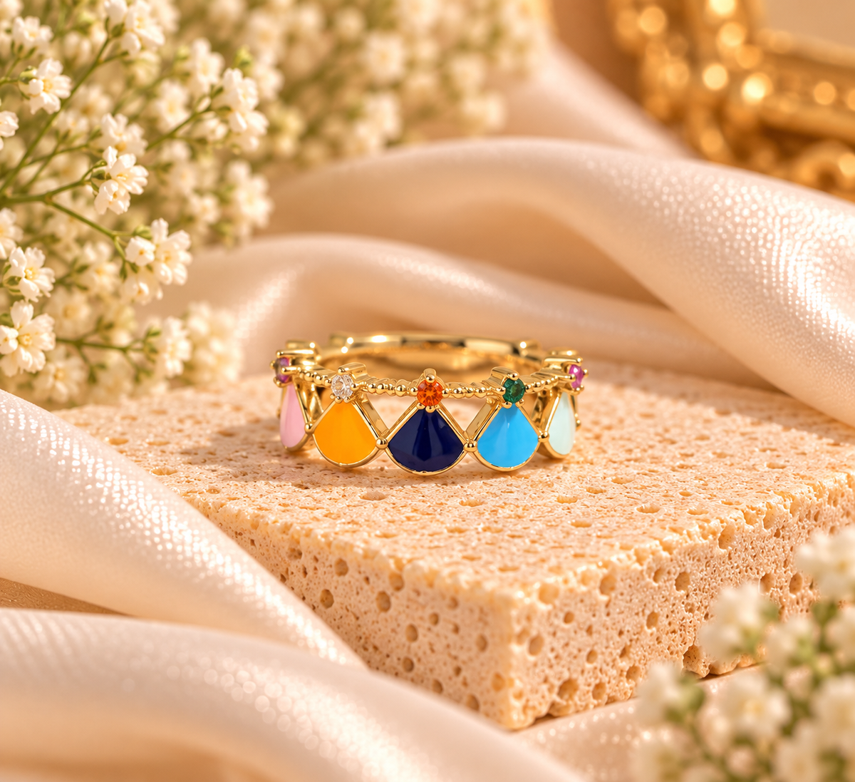 Colorful Enamel and Gemstone Rings