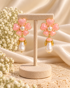 Pink Flower Pearl Drop Earrings