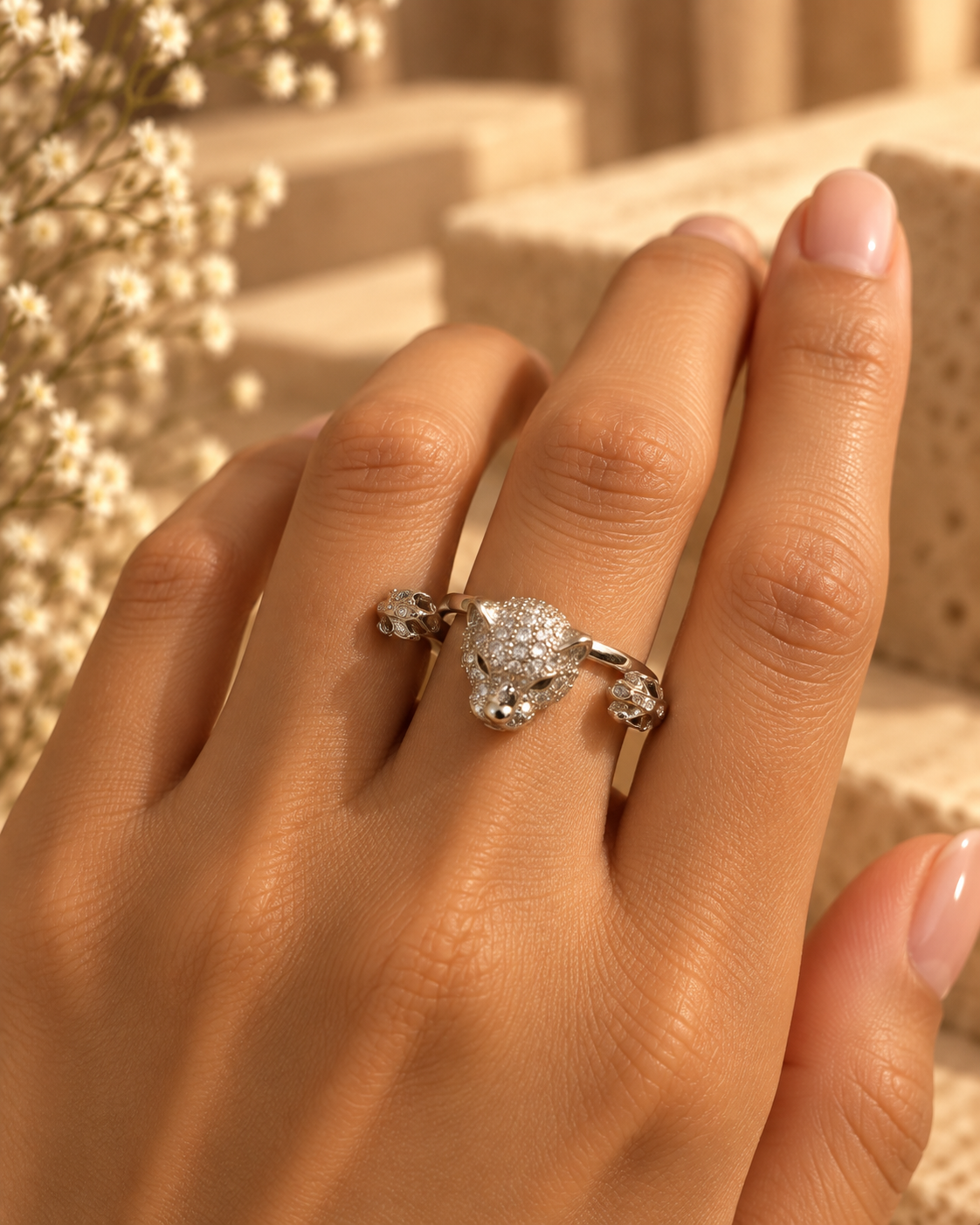 Sparkling Panther Two-Finger Ring