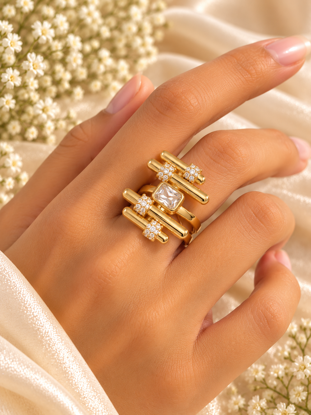 Geometric Ring with Crystal Accents