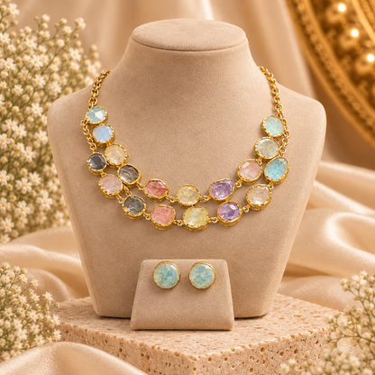 Pastel Gemstone Gold Necklace & Earring Set